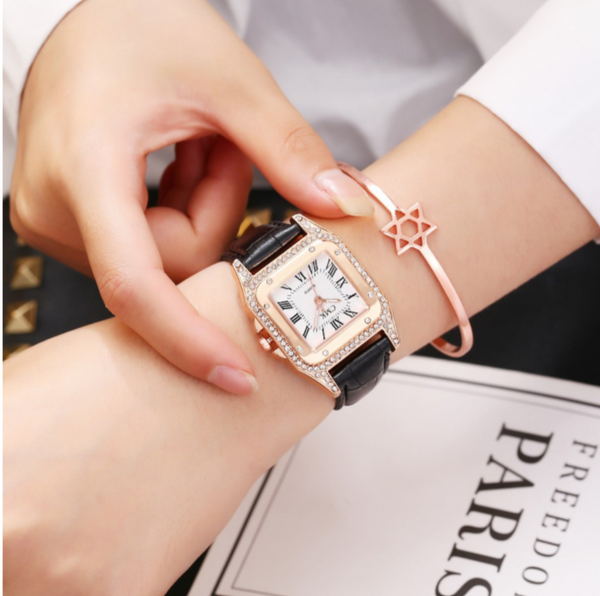 [Bundle for 2 @ RM35] [100% Ready Stock] Luxury Rhinestone Square Designed Women Leather Watch