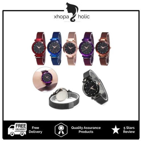 [2 For RM35] [100% Ready Stock] Starry Diamond Magnetic Buckle Stainless Steel Women Watch